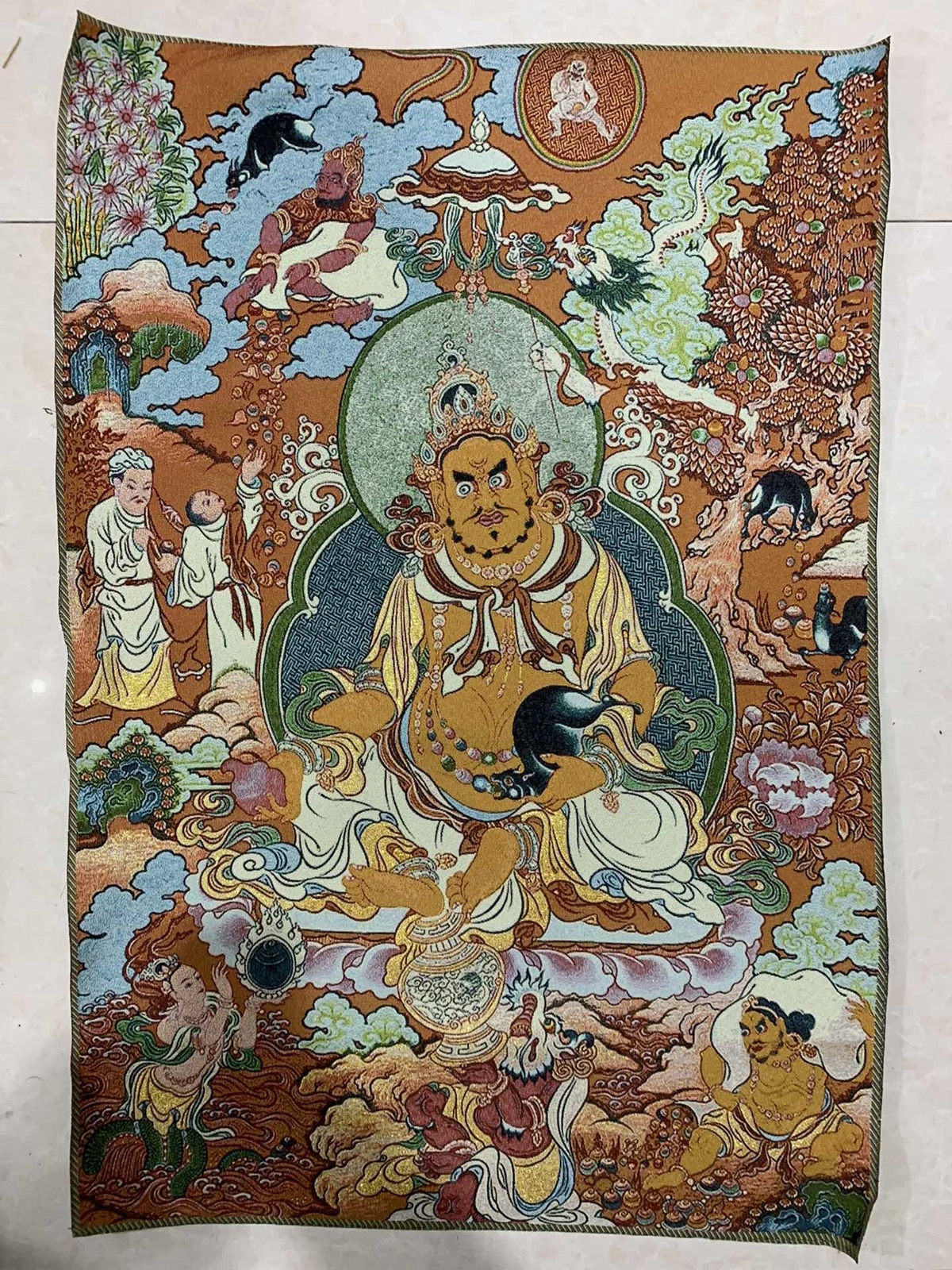 36" Tibet Tibetan Cloth Silk Buddhism Yellow Jambhala Tangka Thangka Mural Wall Feng Shui Auspicious Decoration Hanging Painting