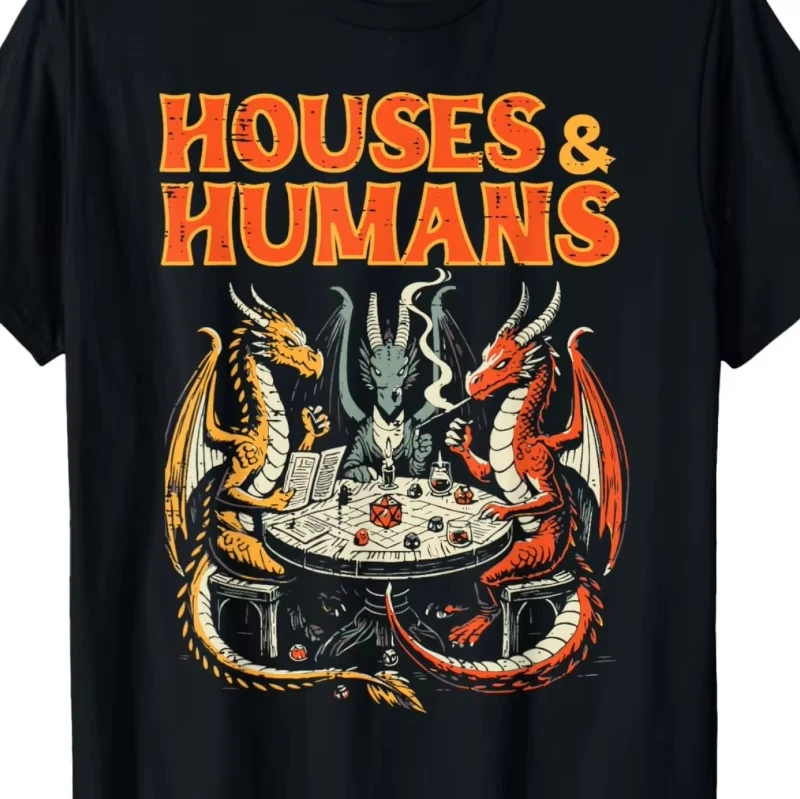 Camiseta divertida para hombre inspirada en Dungeons&Dragons - Camiseta de jugador de juegos de rol con parodia de House&Humans y diseño de batalla de dragón y mago