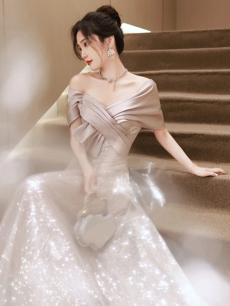 

Ele One-oulder Evening Gown Women's High-End Luxury Princ Birthday Host Wedding Dr A-Line Skirt ort Sve