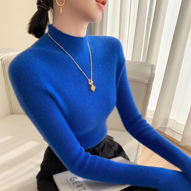 100% Cashmere Women's Fashion Complete With Solid Mock Neck Autumn Winter Elegant Slim Long Sleeve Knitted Pullover Women's Top