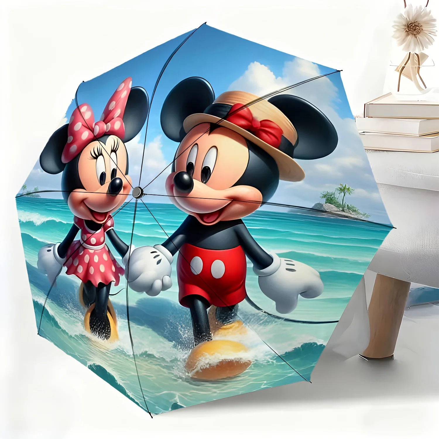 

Зонт с изображением Микки и Минни (1 шт.) для прогулок на берегу моря, полностью автоматический зонт, подходящий для любых случаев, портативный.