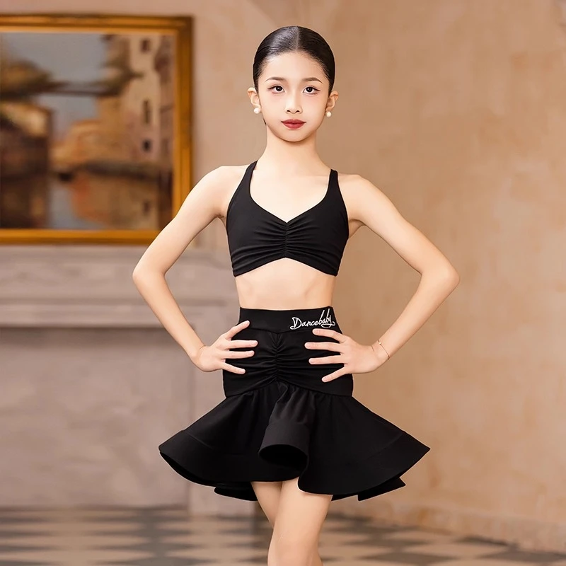 Criança vestido de dança latina terno traje para meninas preto sem costas superior balanço saia dança samba rumba treinamento desempenho dancewear