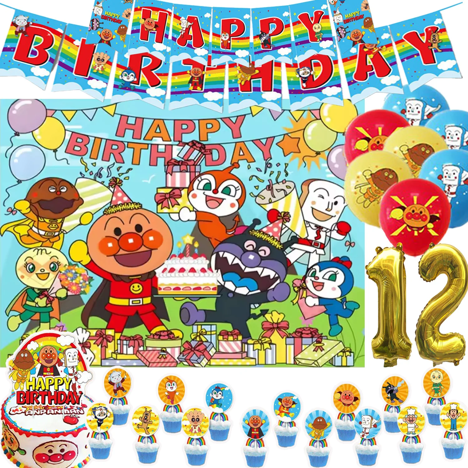 

Cartoon Anpanman Theme Birthday Party Supplies Cake Decor Cute Hero Balloon Backdrop Cake Topper Kid Baby Shower Props Supplies