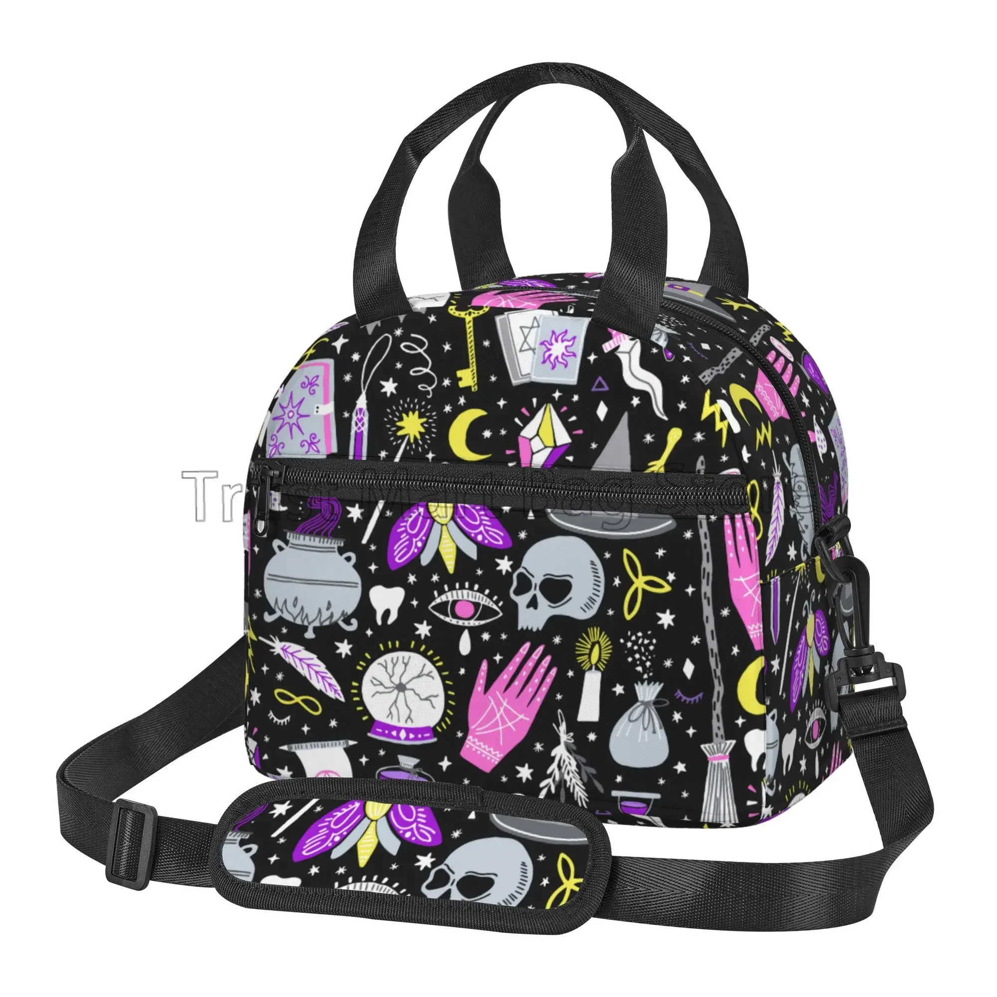 Magic Witch Goth Lunch Box Reusable Insulated Lunch Bag with Shoulder Strap Thermal Food Container for School Work Travel Picnic