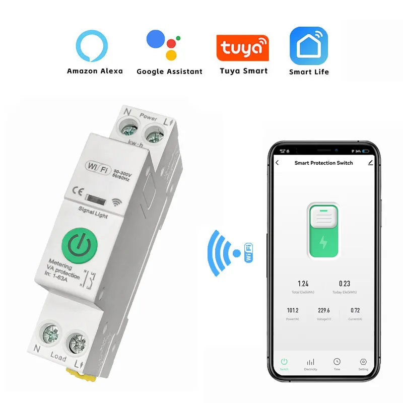 Interruttore automatico intelligente WiFi Tuya con timer interruttore 63A contatore di energia monitor KWH protezione da sovraccarico supporta Alexa Google Home