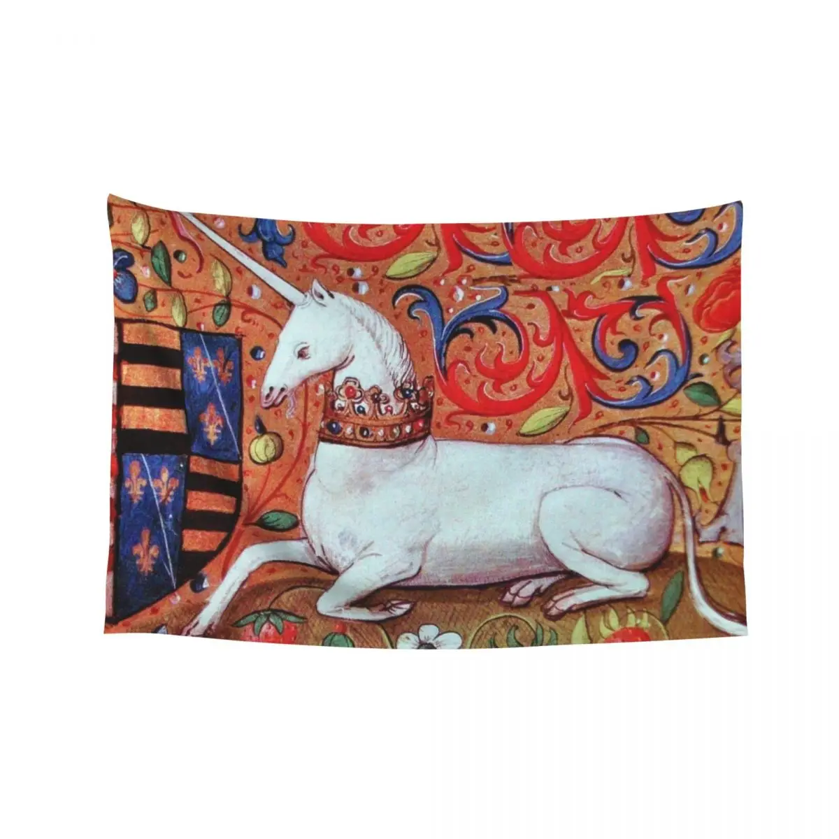 

UNICORN WITH RED BLUE WHITE FLORAL MOTIFS Medieval Miniature Tapestry Decoration Wall Wall Decoration Cute Room Decor Tapestry