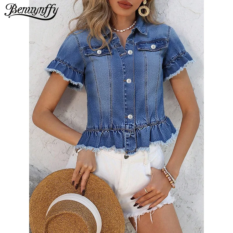 

Benuynffy Sweet Ruffle Trim Raw Hem Short Denim Shirt Women Summer Short Sleeved Button Down All-Match Jean Top Female Blouses