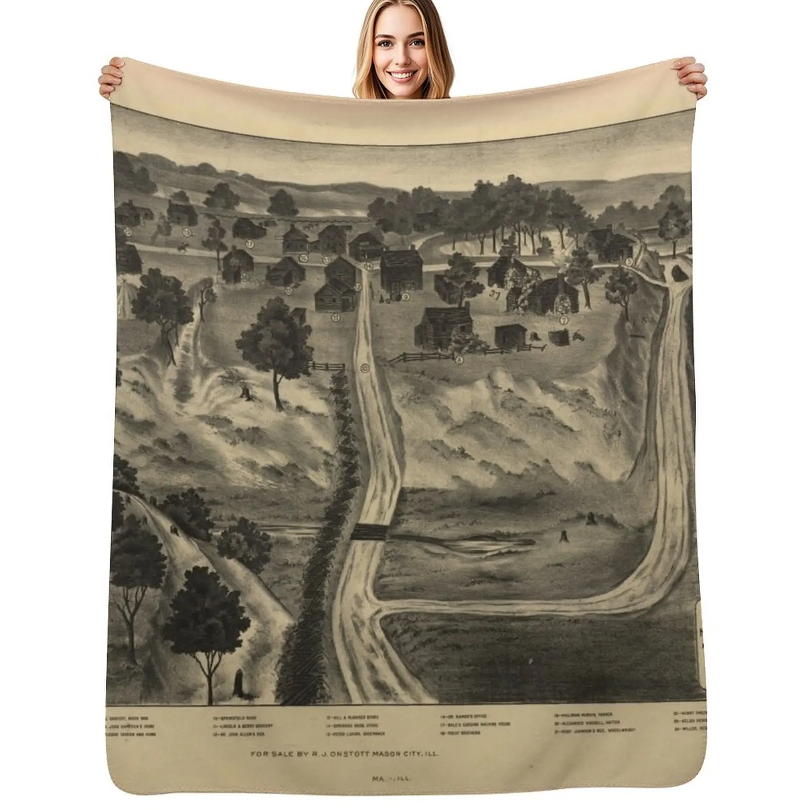 

Vintage Abraham Lincoln New Salem Map (1837) Throw Blanket Travel Size Cozy Blanket for Plane Train