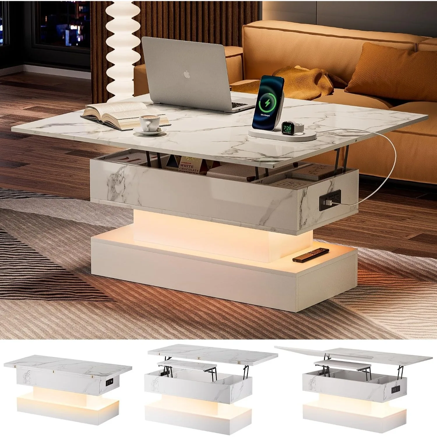 39.4” Modern High Gloss Marble Lift Top Coffee Table with LED Lights, Adjustable Height Center Table, Multi-Functional Coffee Table for Living Room Home Office