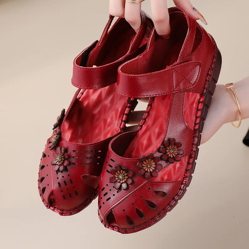 Summer National Style Genuine Leather Breathable Soft Flat Sandals Woman Hollow Casual Soft Bottom Sandals Mother's Shoes