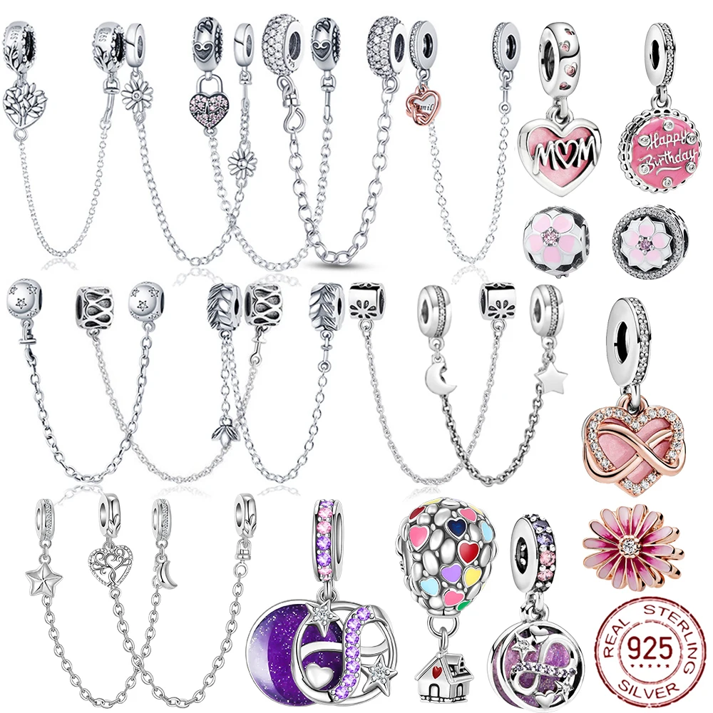 

925 Sterling Silver Charm Daisy Flower Pendant 9 Models Zircon Safety Chain Charms Bead Fit Original Pandora Bracelets DangleDIY