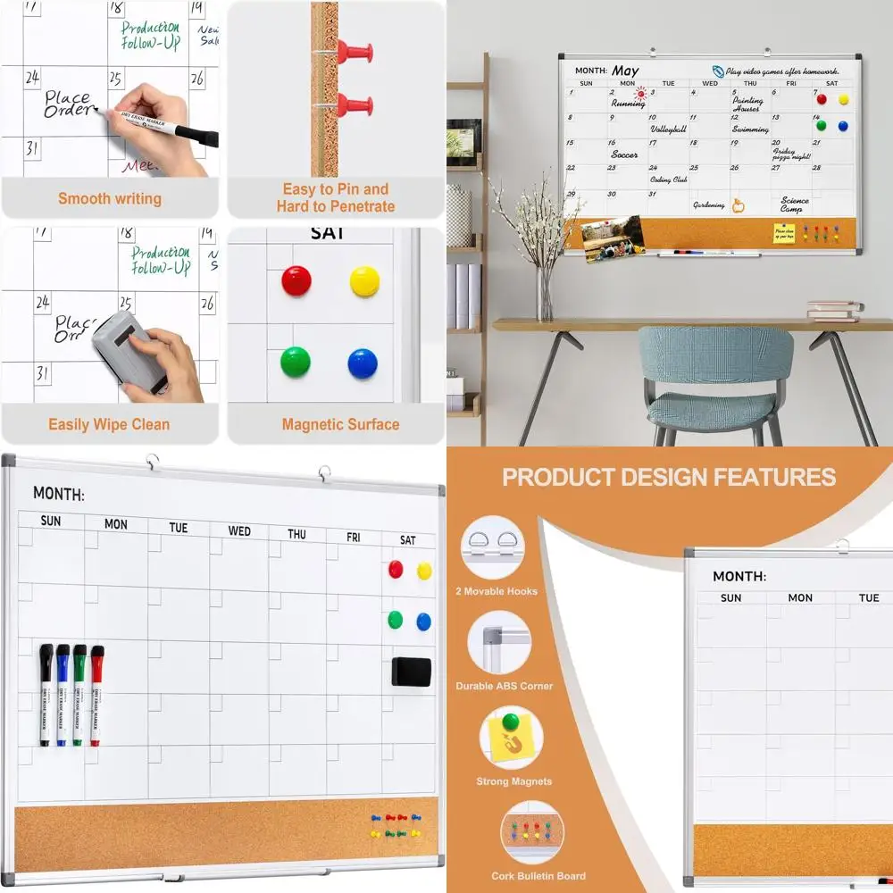 

Алюминиевая рамка 36x24 дюймов: комбинированная доска для ежемесячного планирования (маркерная и сухостираемая) с аксессуарами