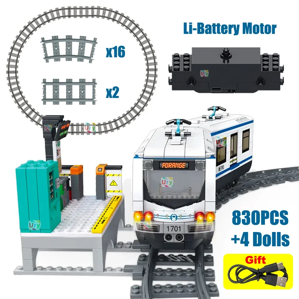 Technical Subway Train City Car Metro Tram Electric Model Rechargeable Lithium Battery Motor Building Blocks Toys For Boy Gift