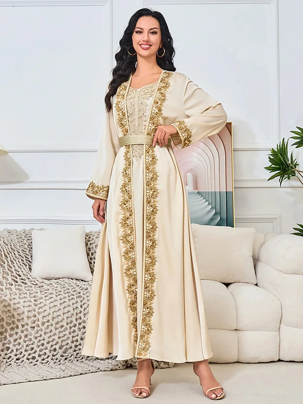 Dresses 2 Piece Sets Muslim Women Party Open Abaya Morocco Beading Sashes Jalabiya Ramadan Vestidos Kaftan Cardigan Robe Suit