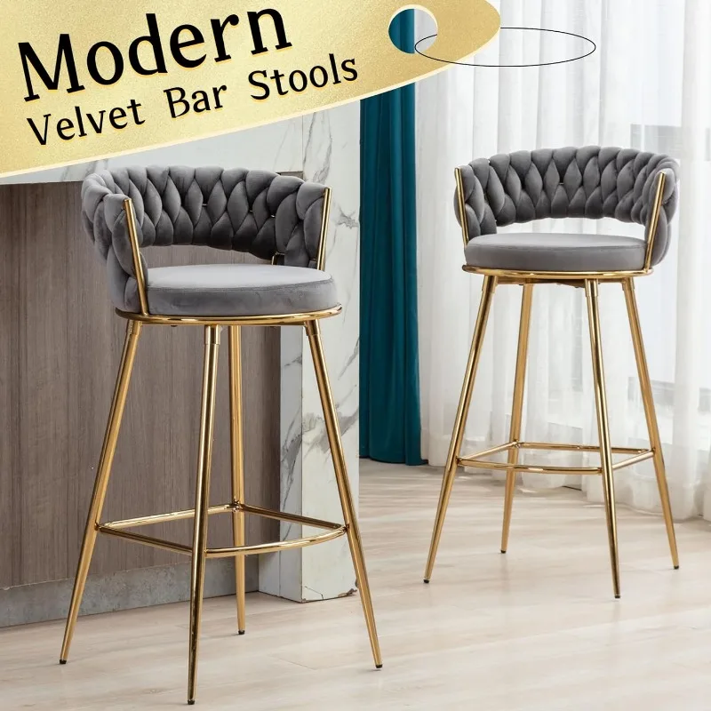 Modern Bar Stools Conjunto de 2, Cadeiras de Veludo Contador, 29 Polegadas de Altura, Assento Confortável, Handmade Tecido, Braço Traseiro