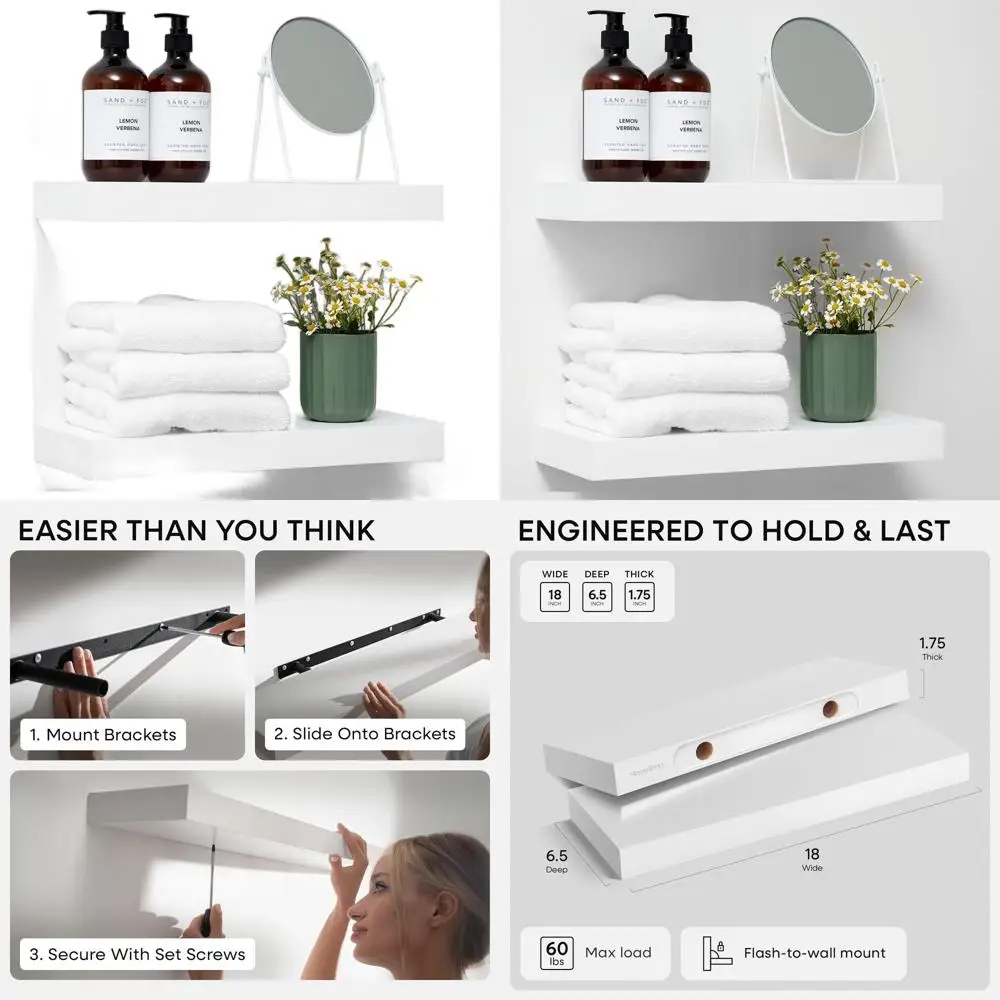 

Premium 18 Solid Wood Floating Shelves, White Bathroom Wall Mount, Heavy Duty, 18x6.5x1.75, Set of 2