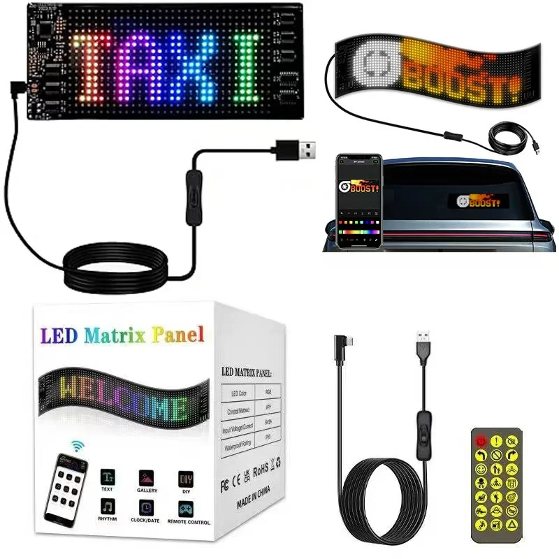 Sinal LED para Carro, Rolagem Sinal LED,Flexível Sinal LED RGB Cor, Bluetooth APP,DIY Design Animações/Texto/Graffiti(12x59,5 centímetros)