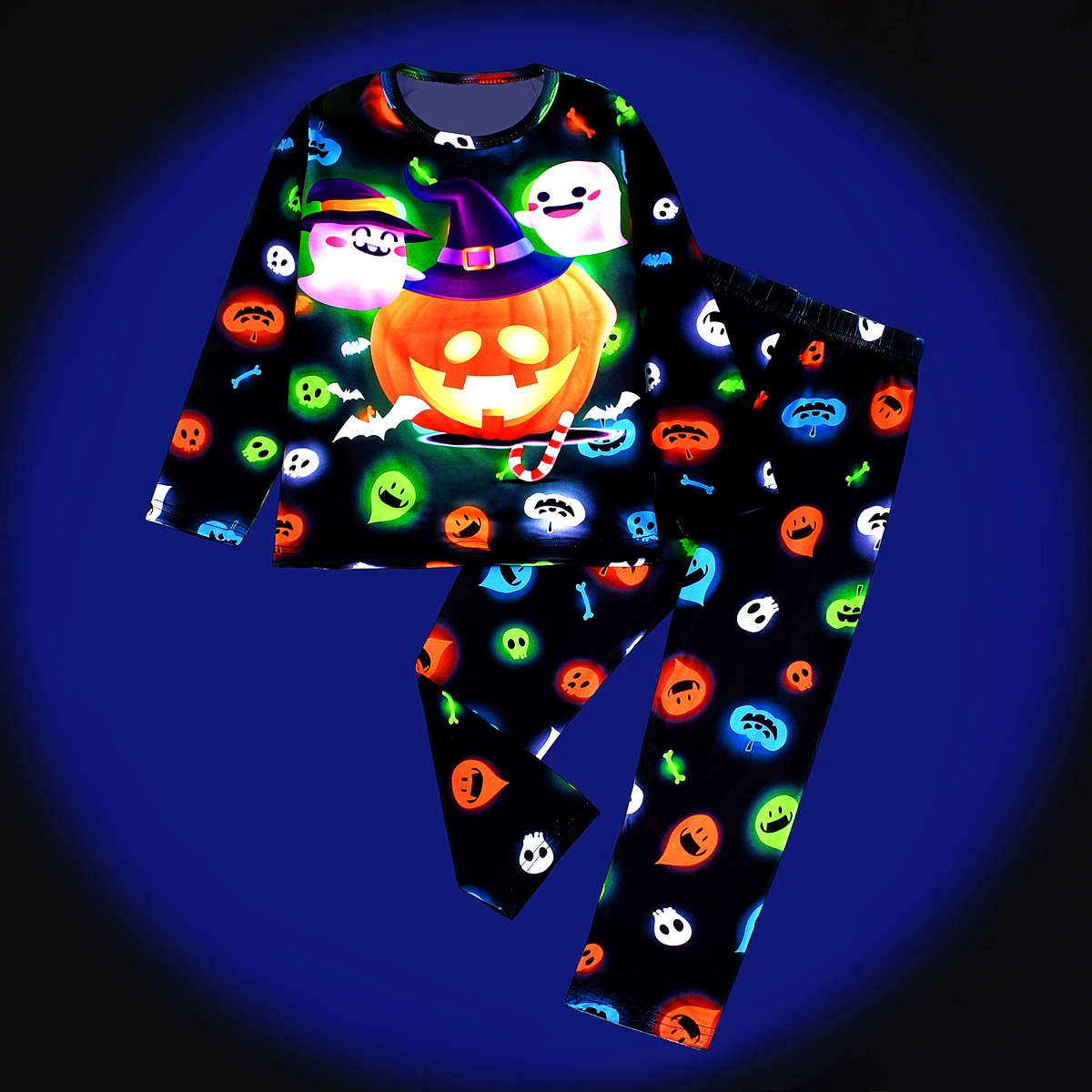 Digitaler Langarm-Pyjama mit Kürbis-Halloween-Motiv für Jungen und Mädchen