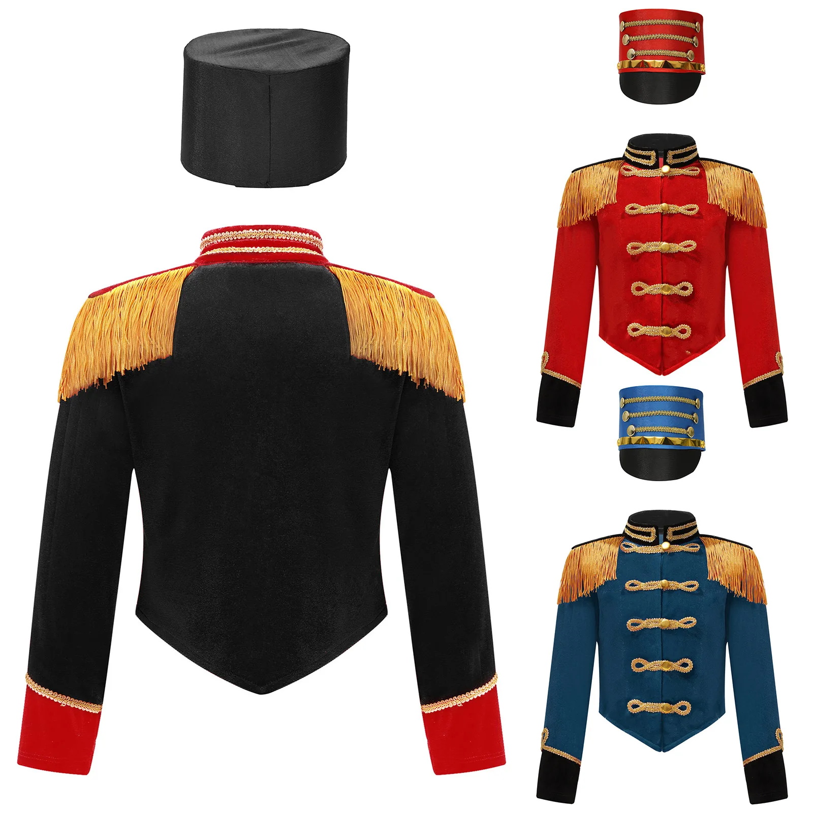 Teen Girls Circus Ringmaster Costume Circus Jacket Fringe Epaulet Drum Majorette Cosplay Tops with Drummer Hat Soldier Dress Up