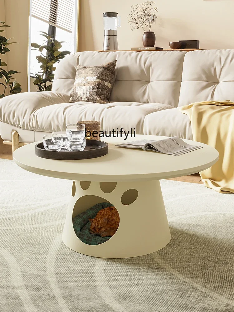 Round Art Wrought Iron Man-Made Board Tea Table Cream Style Pet Shop Tea Table with Cat Nest