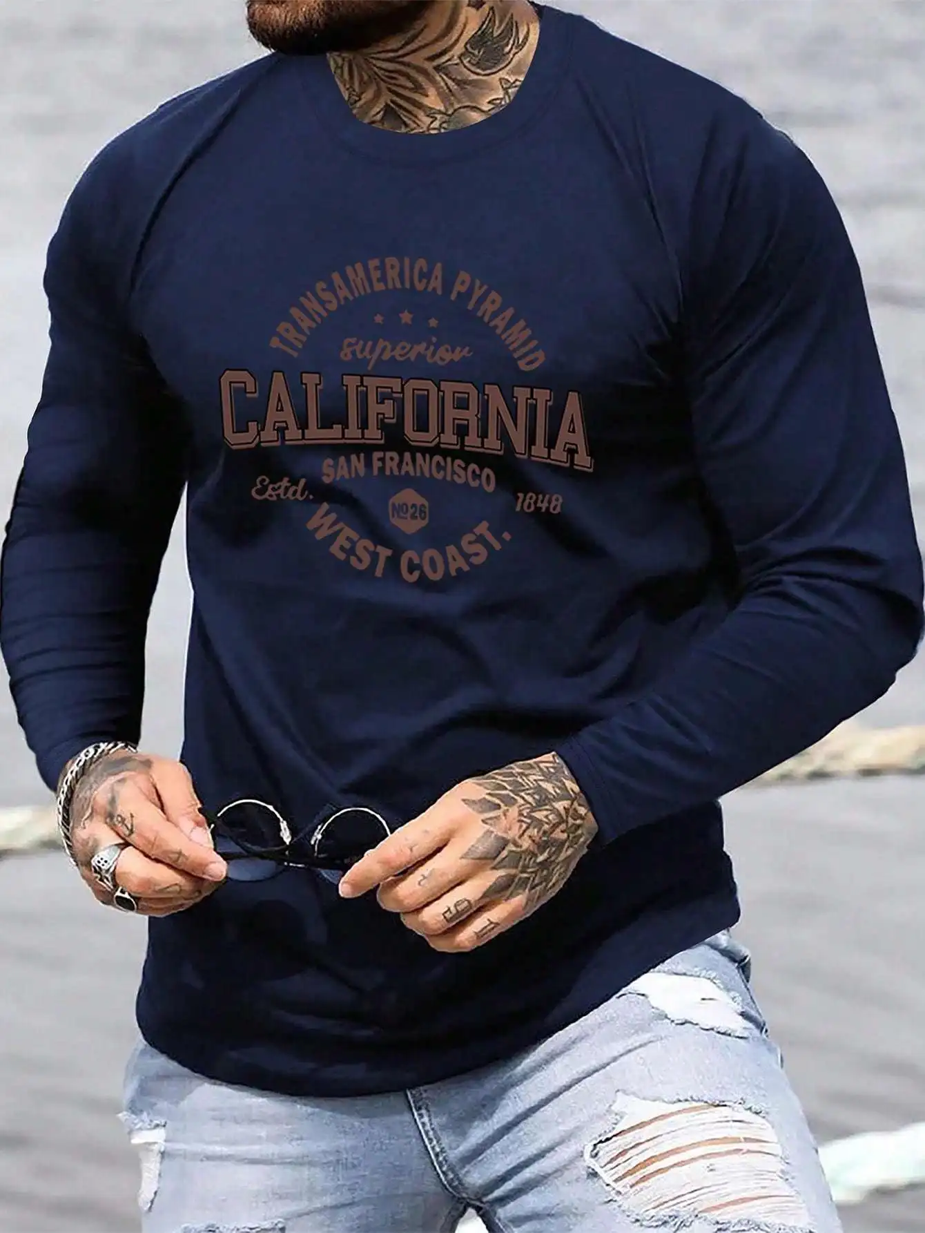 Lockeres und bequemes Sport- und Freizeit-T-Shirt-Oberteil aus 100 % reiner Baumwolle mit kalifornischem Buchstabendruck und Rundhalsausschnitt für Herren