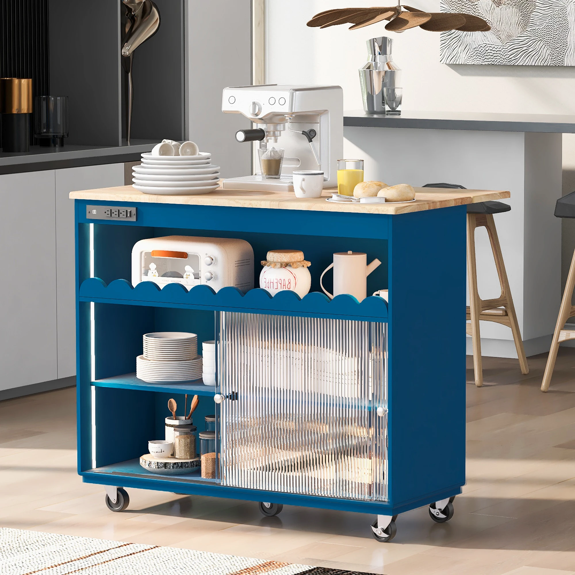 Kitchen Island with Drop Leaf, LED Light Kitchen Cart on Wheels with Power Outlets, 2 Sliding Fluted Glass Doors, Large Kitchen