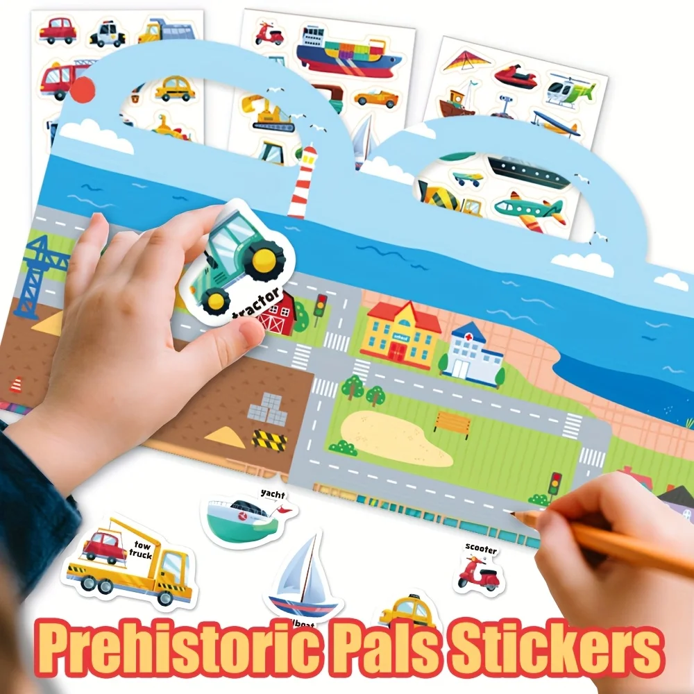 Veículos de transporte adesivos para crianças reutilizáveis coleção livro animal carro diy brinquedo presente para meninos meninas adolescentes