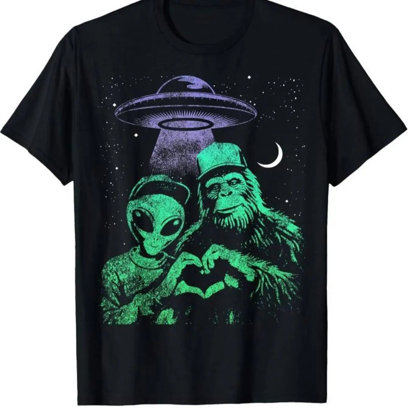 تي شيرت رجالي مضحك Bigfoot and Alien على شكل يد على شكل قلب - تي شيرت أسود كاجوال بأكمام قصيرة #1