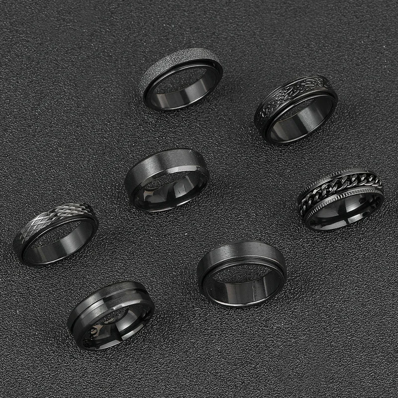 Men Black Stainless Steel Fidget Ring Dragon Chain Textured Frosted Surface Rotatable Wide Hip‑Hop Decorative Finger Jewelry