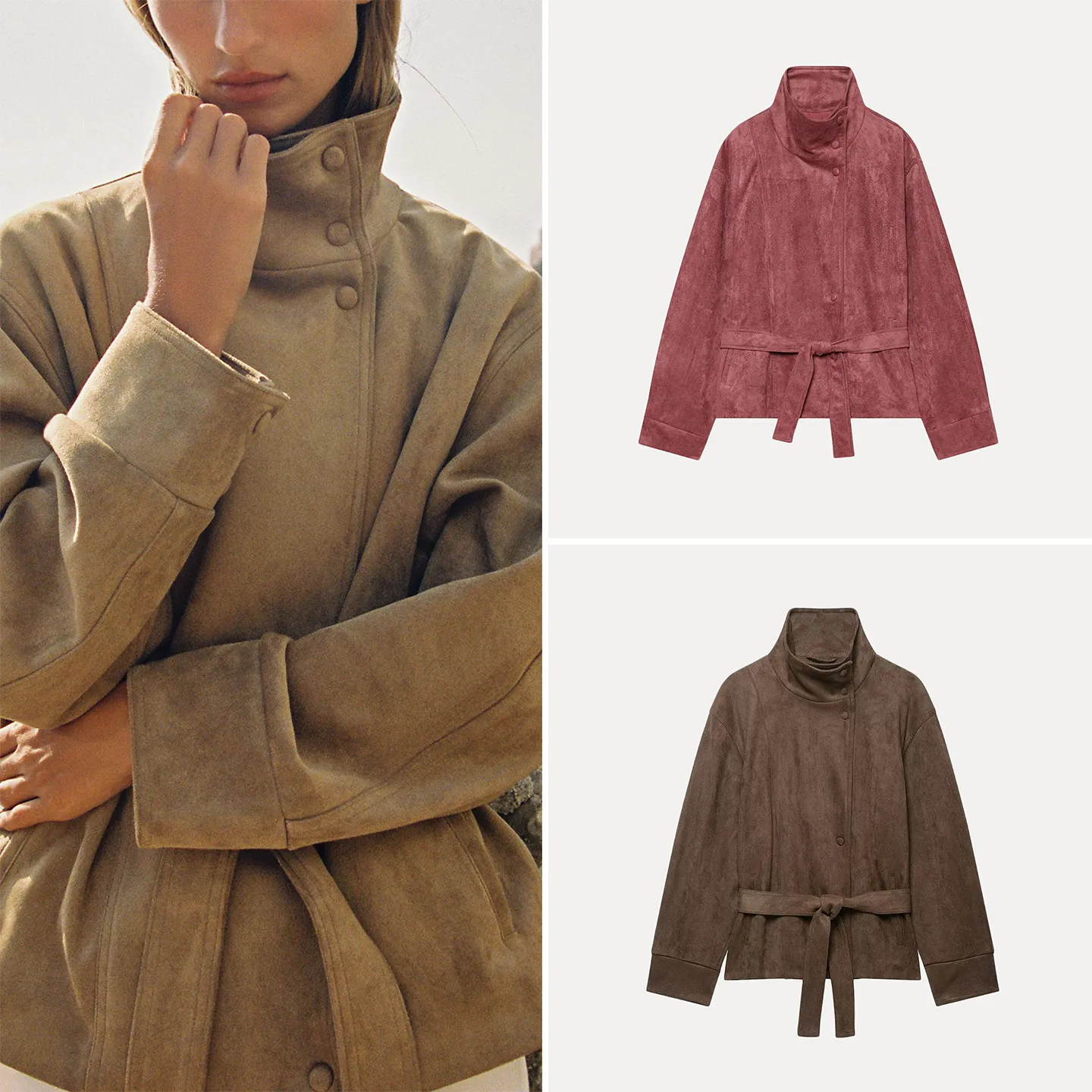 ZADATA Women's Long Sleeve Stand Collar Belted Outerwear Casual Loose Fit Autumn 2026 New Style Quality Effect Coat