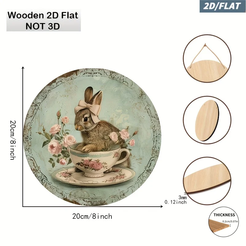 2D Flat - 2D Graphic Design, a Vintage-Style Rabbit Paired with a Teacup Wall Decoration - a Round Wooden Wall Decor Item Suitab