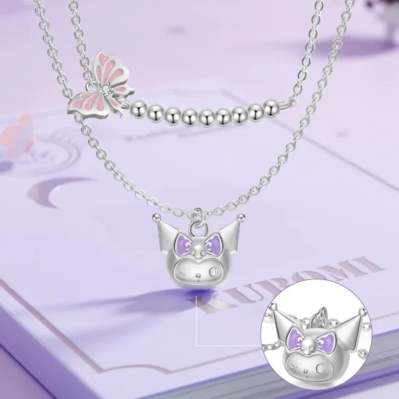 

Kuromi Sanrio Kawaii Anime Silver Necklace New Cute Sweet Enamel Butterfly Young Girl Exquisite Exclusive Jewelry Birthday Gift