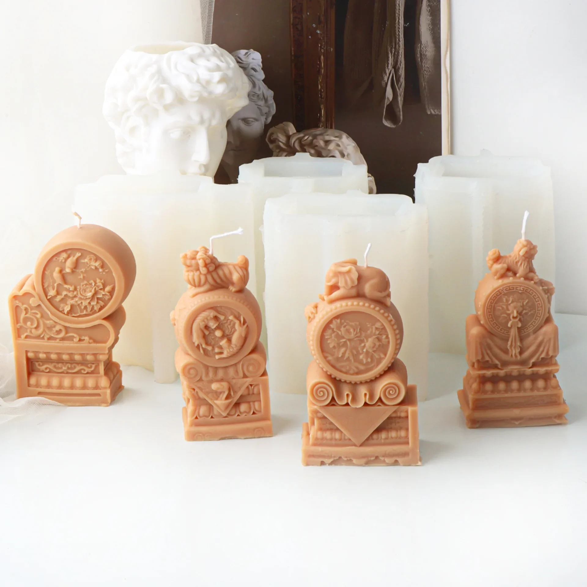 Elephant flower carving pattern stone pier candle silicone mold bird lion stone pillar flower stone pier concrete gypsum mold