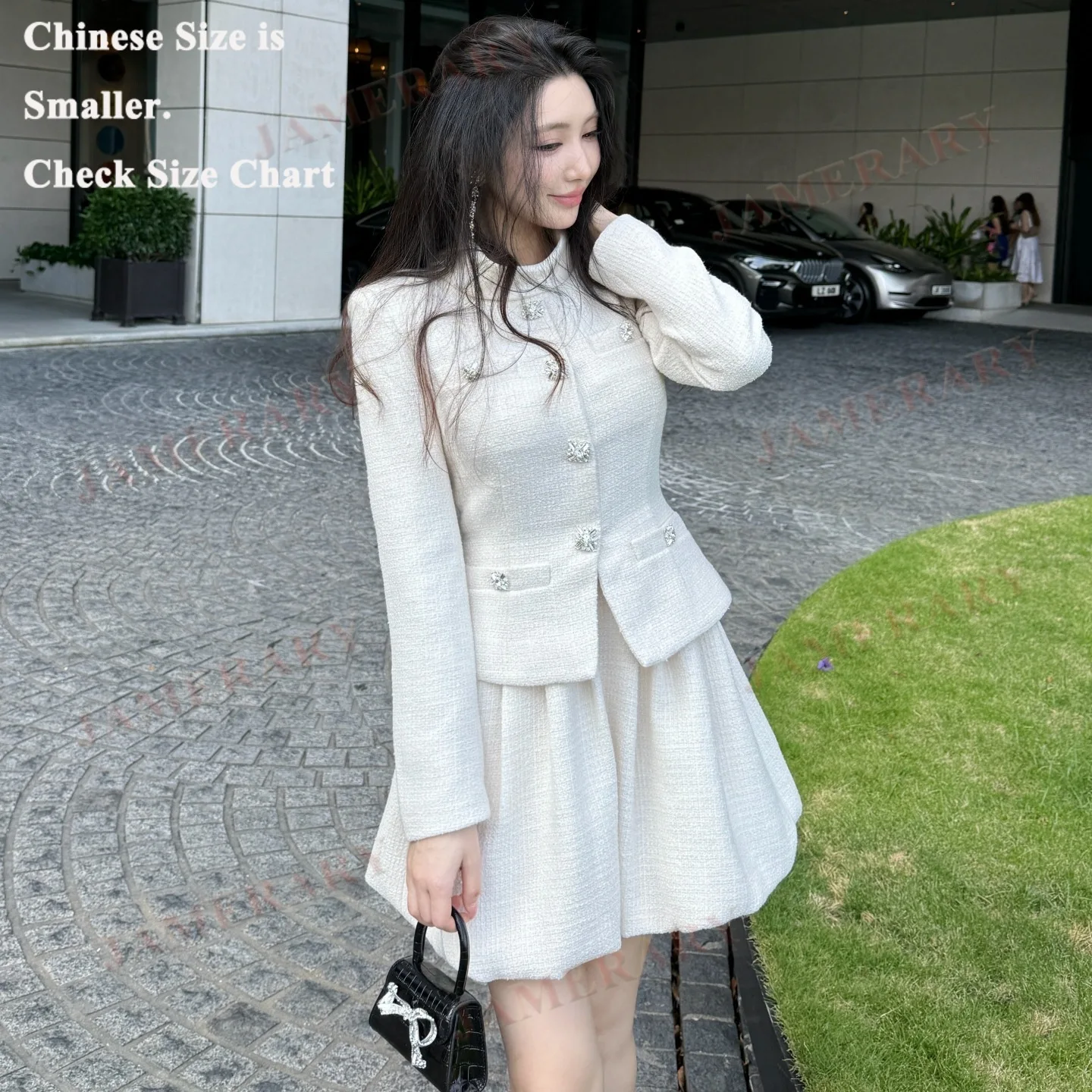 

Autumn Winter Long Sleeve Tweed Dress Women Single Breasted Bead Fake Two Piece Set Ball Gown Quality Runway Mini Dresses