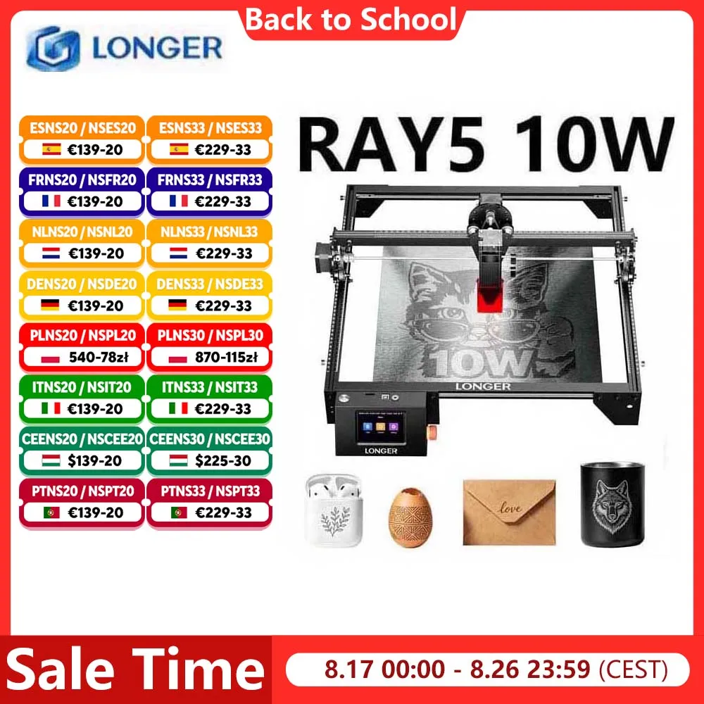 LONGER RAY5 10 W Lasergravierer 0,06 x 0,06 mm Laser-Spot-Touchscreen Offline-Schnitzerei 32-Bit-Chipsatz Arbeitsbereich 400 x 400 mm
