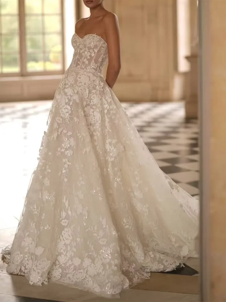

Elegant Apliques Lace Floral A-Line Bride Wedding Dresses Bridal Gowns Customiezd