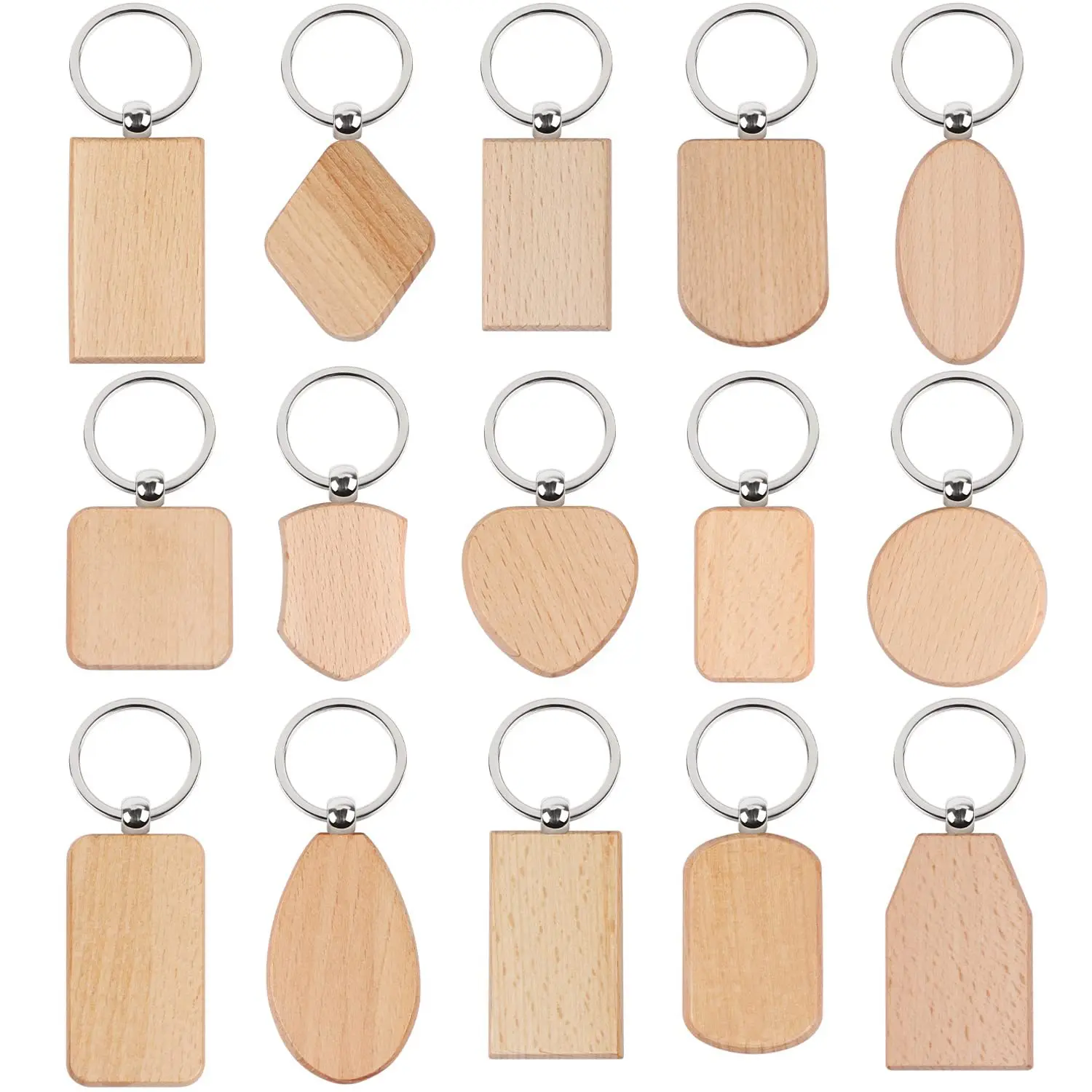 50PCS Blank Wood Chain Ring Beech Pendent Key Ring Name Tag DIY Hanging Accessories Pattern Laser Engraved Woodwork Decoration