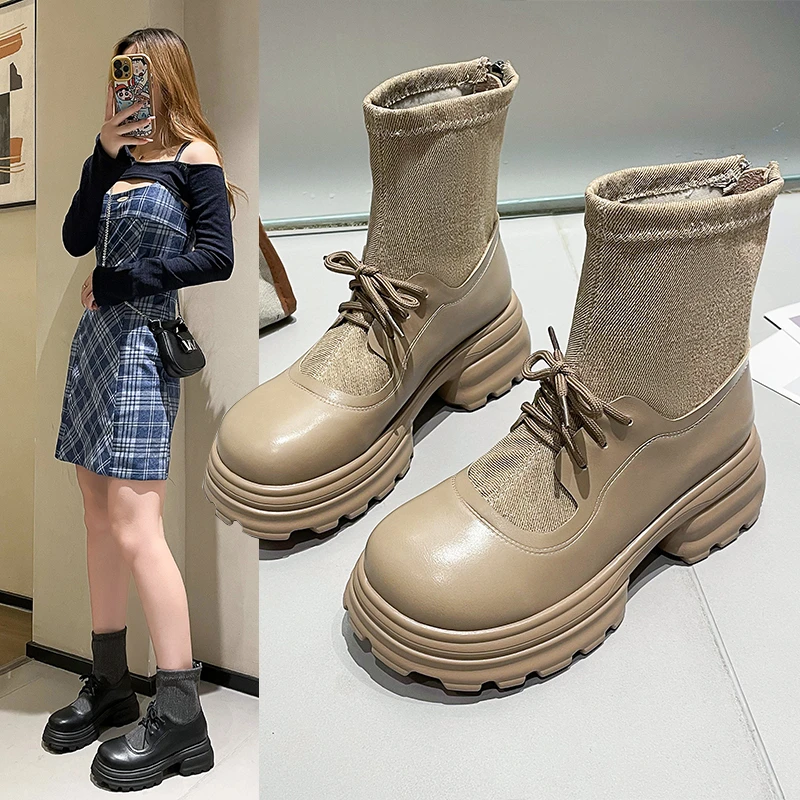 Waterproof Platform Thick Bottom Height Increasing Mid-calf Boots Women's Round Head Zip-up short Boots Autumn/winter