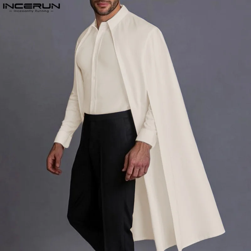 INCERUN Tops American Style Fashion Men's Hollow Cape Mid Length Design Shirt Casual Simple Male Solid Loose Long Sleeved Blouse