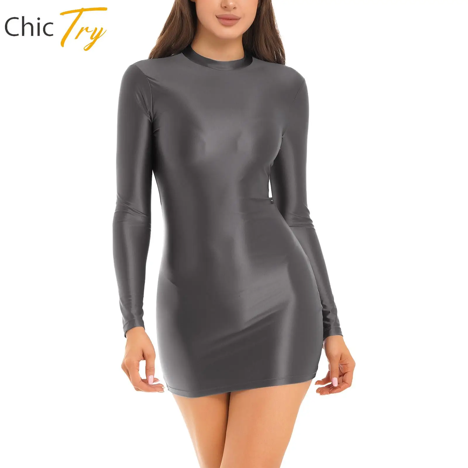 

Adults Womens Long Sleeve Oil Bodycon Dress Glossy Stretchy Tight Dress Nightwear Beach Pool Party Date Night Swimming Costumes
