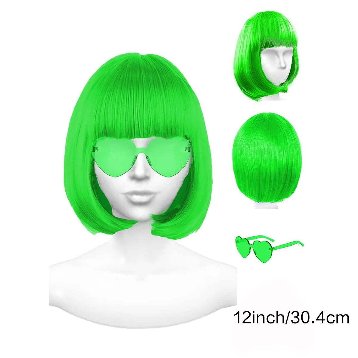 12 インチ/30 センチメートル ファッション レディース ショート ストレート フラット バングス ボブ 合成ウィッグ (グリーン)