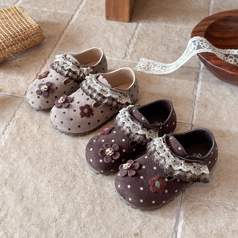 Little Girls Polka Dot Flower Suede Shoes, Plaid Lace Trim Hook-and-Loop Soft Sole Retro Flats
