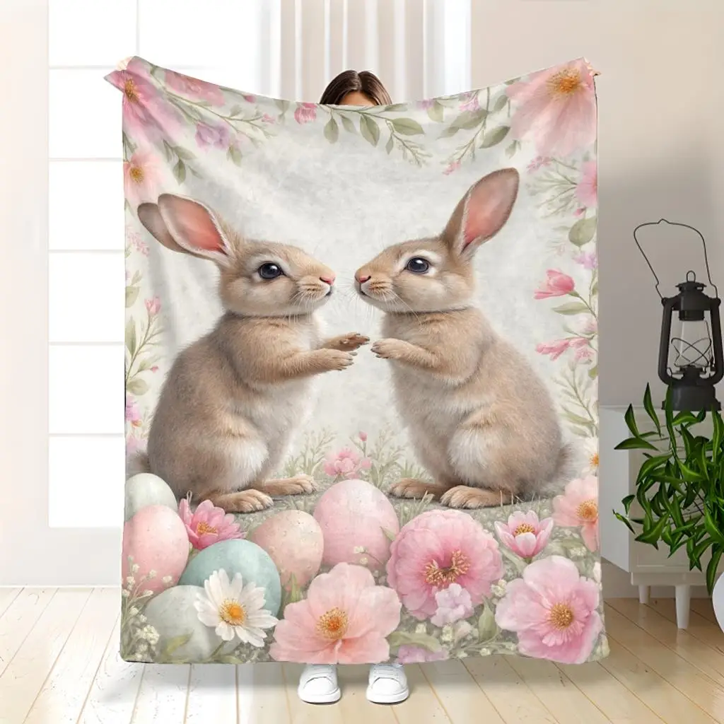 Easter Bunny Blanket Cute Rabbits With Pastel Eggs And Pink Flowers Soft Fleece Throw Cozy Home Decor Gift For Spring Lovers