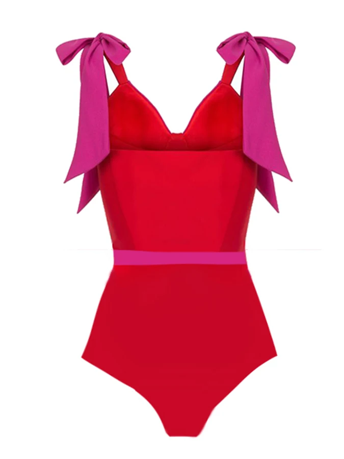 Red Ladies Elegant Suspenders Adjustable Color Block One-piece Shoulder Straps Designed For Swimwear And Cover Up