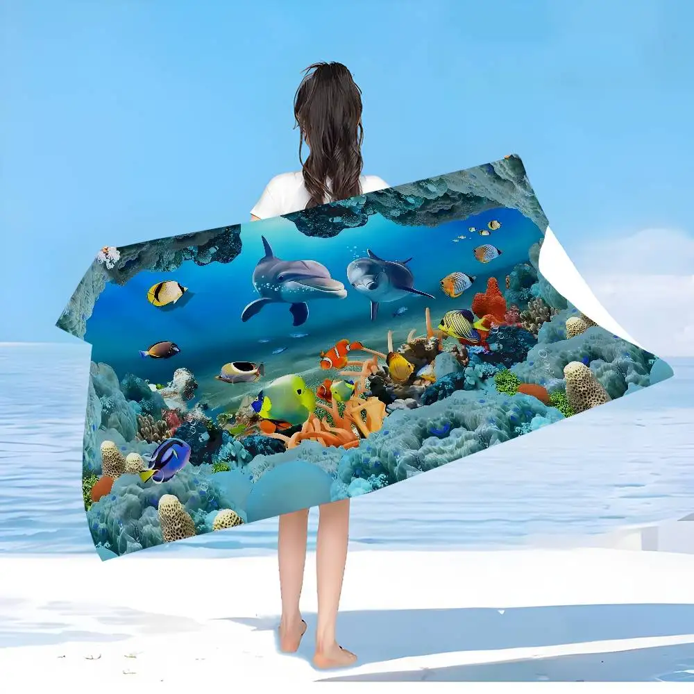 3D Illusion Seabed Underwater World Dolphin Shark Microfiber Beach Towel Absorbent Quick dry Yoga Resort Mountain Climbing Towel