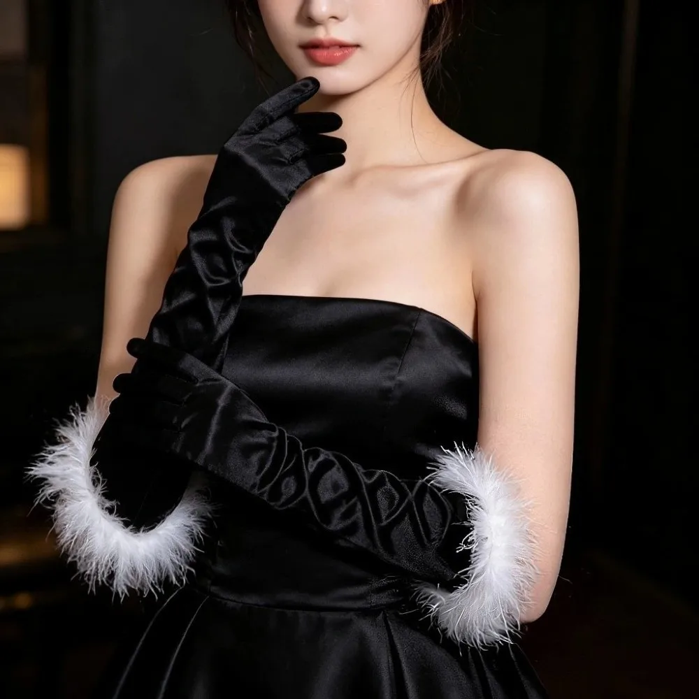 Classic Satin Material Satin Long Gloves Feather Trim Elbow Length Elbow Length Gloves Long Style Feather Trim Gloves For Women