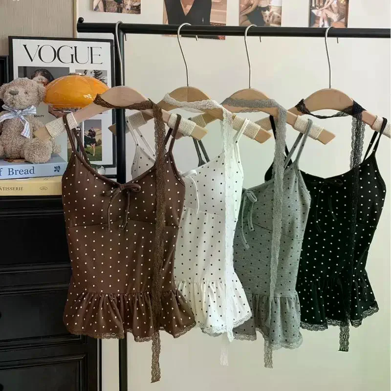 Women Clothing Summer Fashion Casual Polka Dot Solid Color Sling Ladies Fashionable Appear Thin Slim Young Style Tops