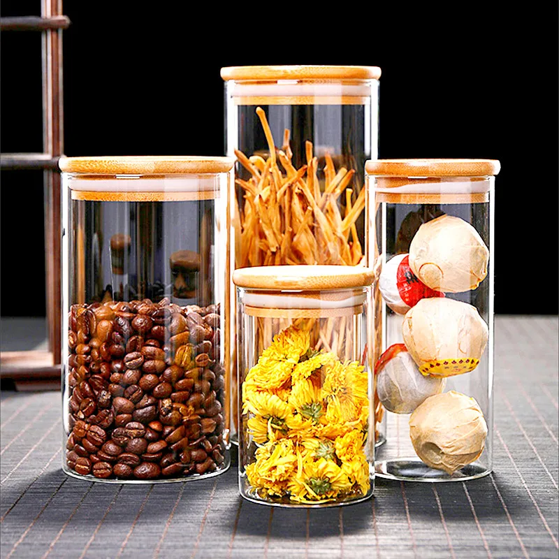 Home Kitchen Organizer Sealed Glass Storage Jars With Bamboo Lid For Food Noodles Coffee Candy Bean Nut Bottle Container