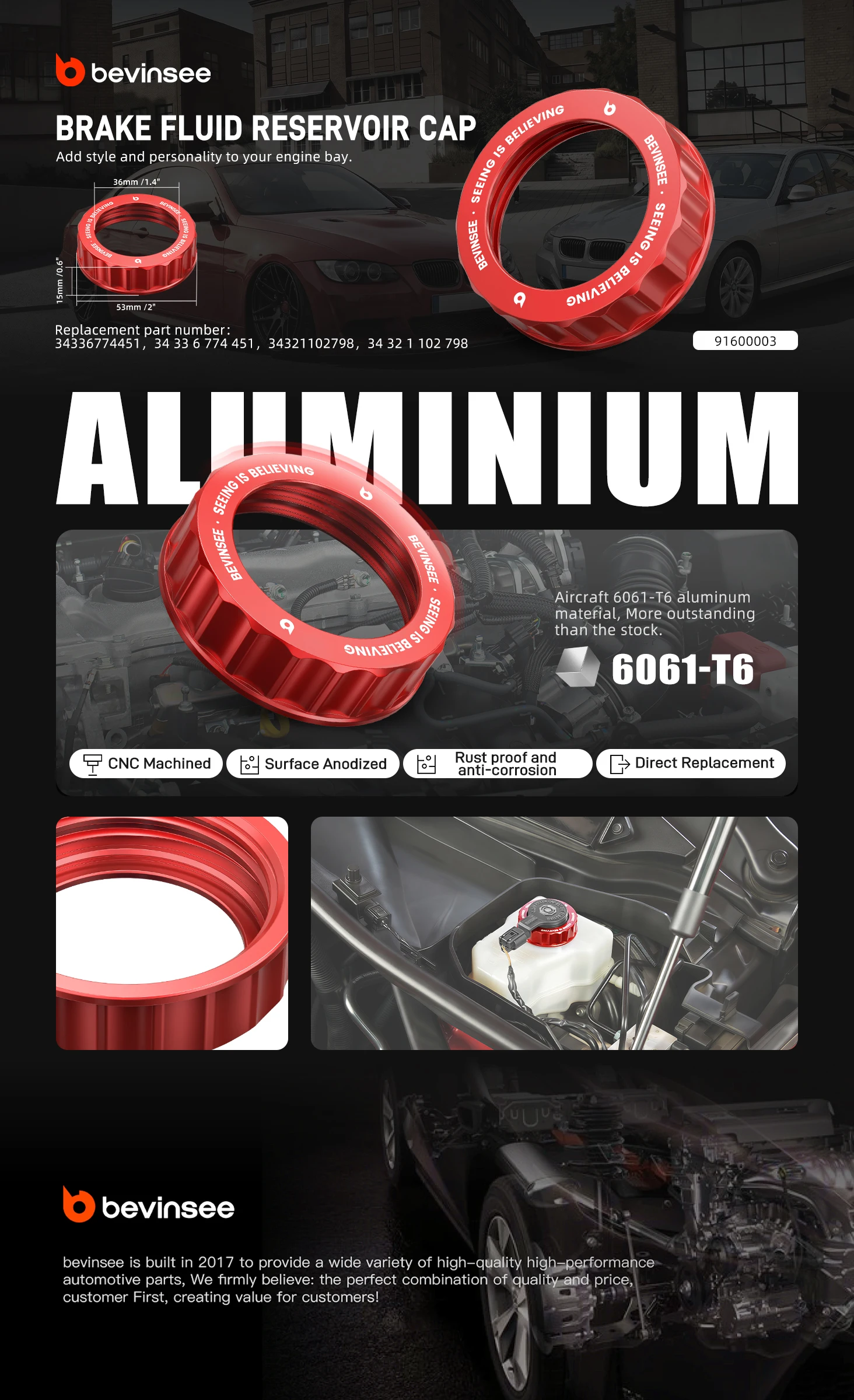 BEVINSEE Aluminium Bremsflüssigkeitsbehälter-Deckel für BMW E90 E91 E92 E93 E81 E82 E87 E88 E46 X1 E84, Ersatz für 34336774451/34326764119 – Detail 1