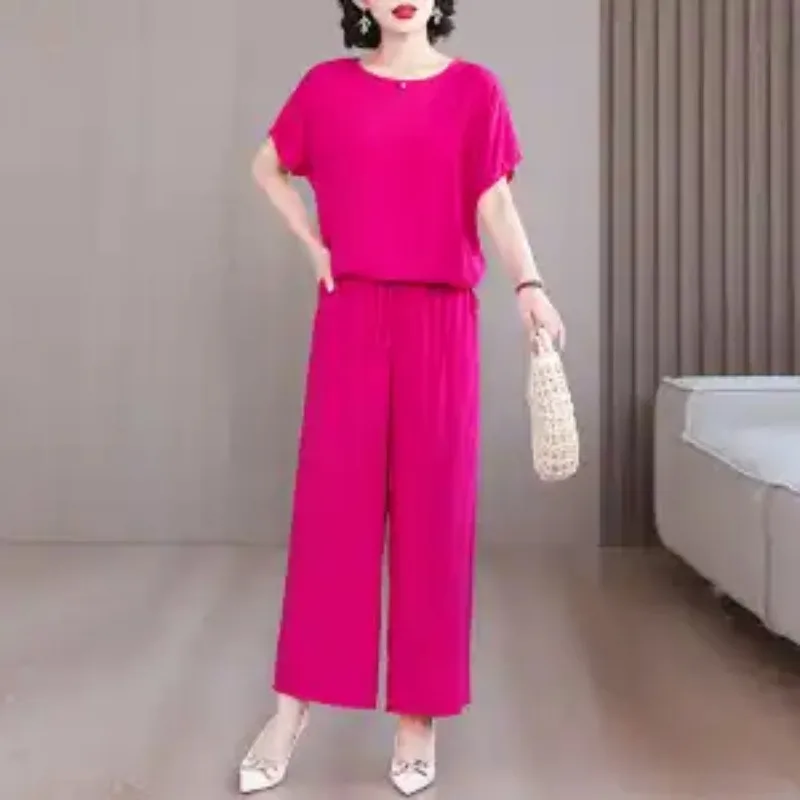 

Womens Solid Color Cotton Two Piece Set Short Sleeve Top And Wide Leg Pants For Summer